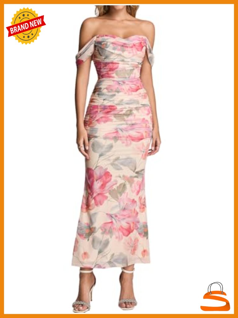 Off The Shoulder Corset Bodycon Ruched Maxi Dress Formal Wedding Guest